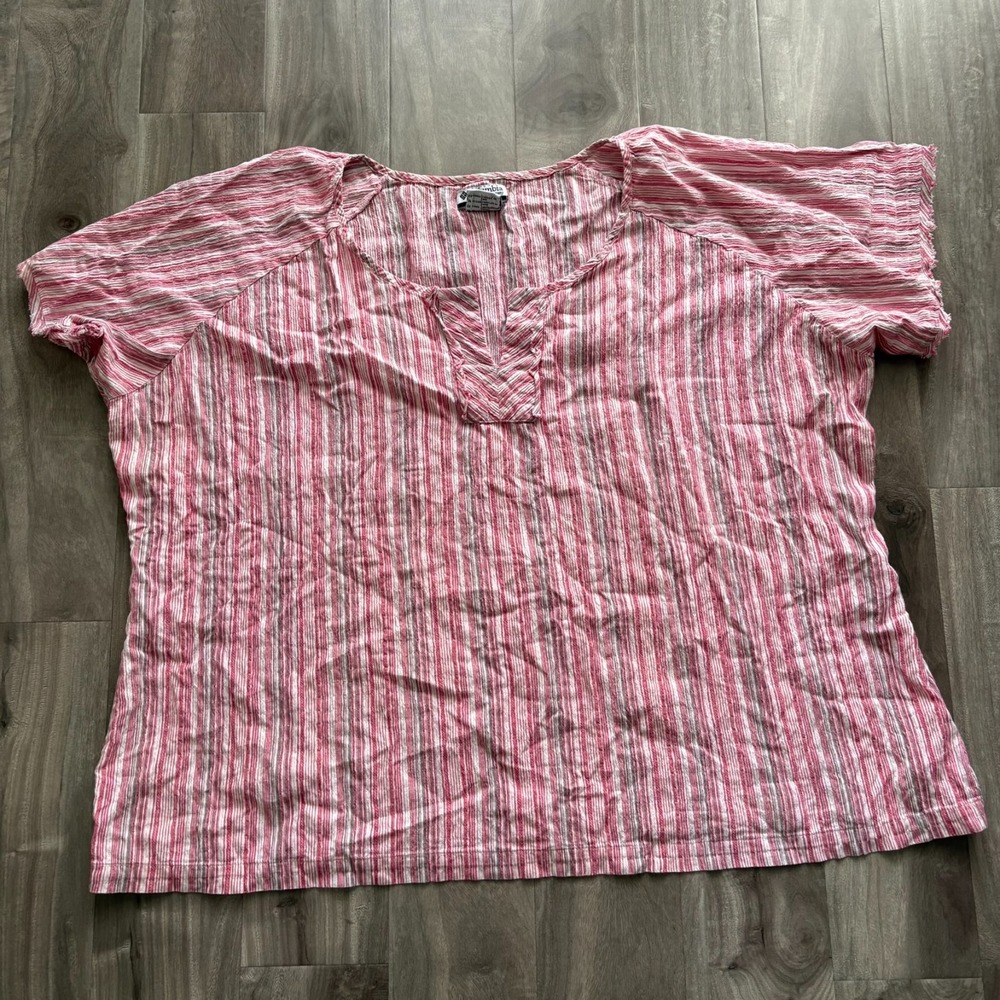 Vintage Columbia Women's 3X‎ Striped Shirt Red White Gray Cotton V-Neck Blouse